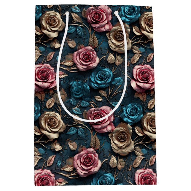 Sac Cadeau Moyen Bleu or rose jolie Roses (Devant)
