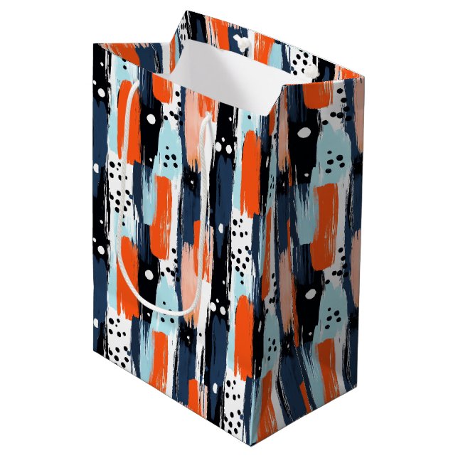 Sac Cadeau Moyen Bleu orange brosses Motif Abstrait (Devant Angle)