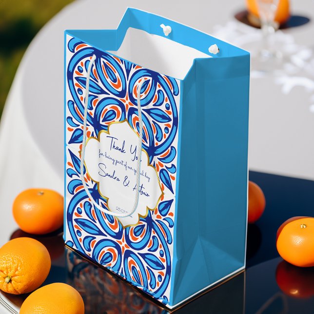 Sac Cadeau Moyen Bleu orange Majolica tuiles personnalisées faveur (Blue orange Majolica tiles personalized favor Medium Gift Bag mediterranean themed favor bag)