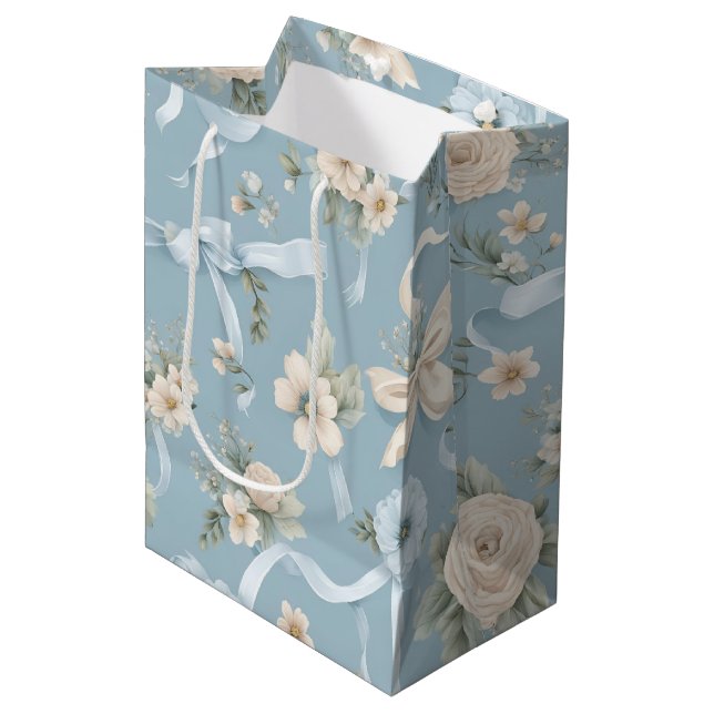 Sac Cadeau Moyen Bleu pâle et blanc Fowers et vaches (Devant Angle)
