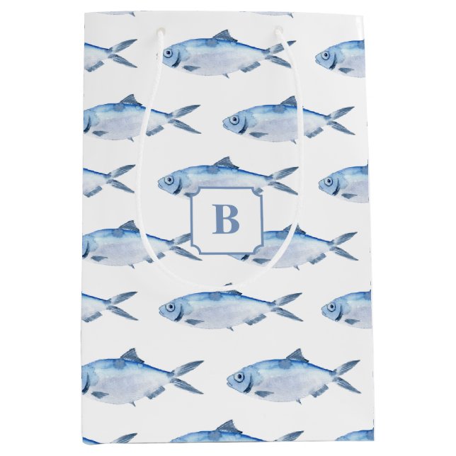 Sac Cadeau Moyen Bleu Poisson Aquarelle Côtière (Devant)