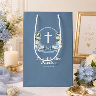Sac Cadeau Moyen Bleu Poussiéreux Croix Blanche Florale Baptême 