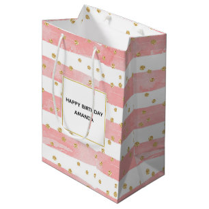 Sac Cadeau Moyen Bleu rose   Faux Gold Confetti Anniversaire