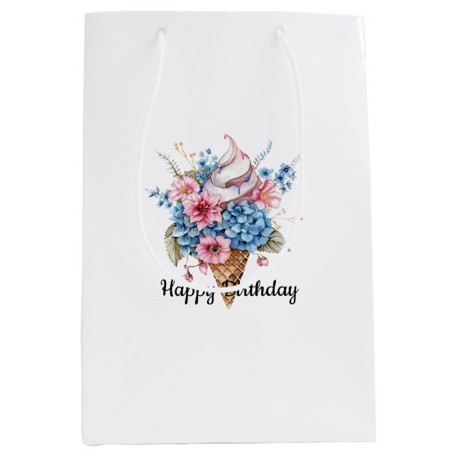 Sac Cadeau Moyen Bleu rose Floral Glace Cone Anniversaire (Devant)