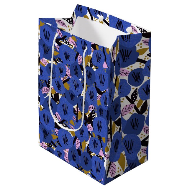 Sac Cadeau Moyen Bleu rose or motif floral (Devant Angle)
