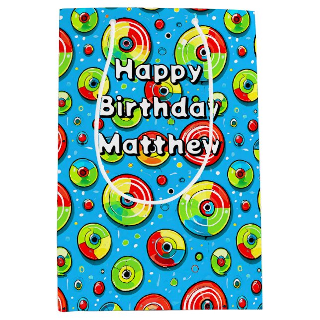 Sac Cadeau Moyen Bleu, Vert et Disque Rouge Golf Thème Anniversaire (Devant)