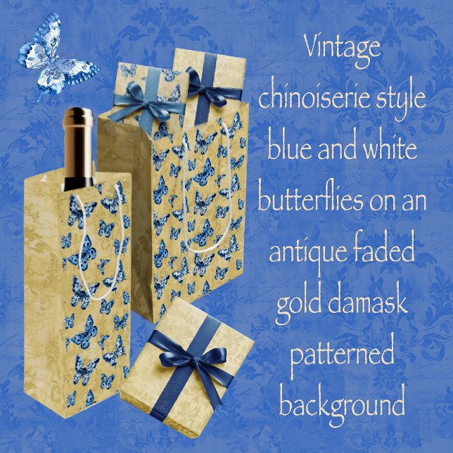 Sac Cadeau Moyen Bleu vintage Chinoiserie Papillons Damas (Créateur téléchargé)