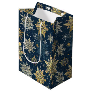 Sac Cadeau Moyen Blue and Gold Snowflake Christmas