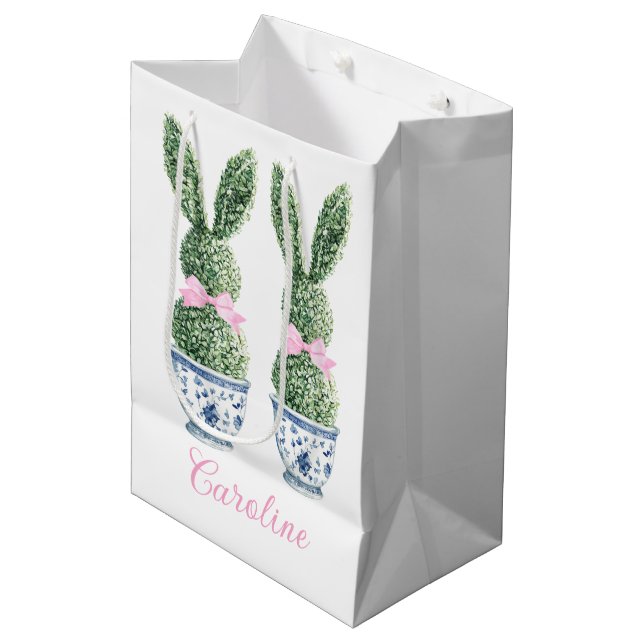 Sac Cadeau Moyen Blue and White Chinoiserie With Rabbit Topiary (Devant Angle)