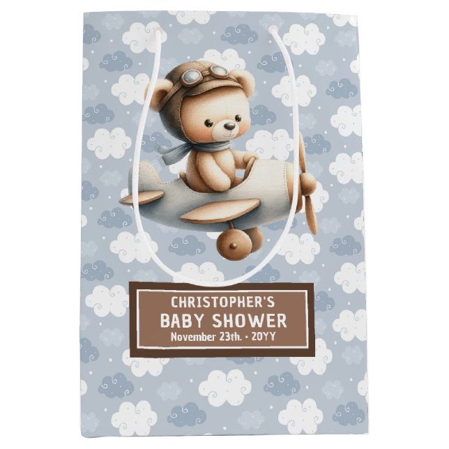 Sac Cadeau Moyen Blue Brown Aquarelle Ours Baby shower Favoriser Sa (Devant)