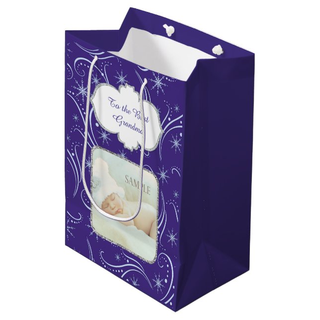 Sac Cadeau Moyen Blue Christmas Swirl grand-parent Modèle photo (Devant Angle)