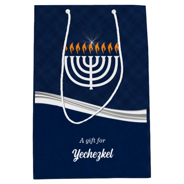 Sac Cadeau Moyen Blue et White Hanukkah Custom (Devant)