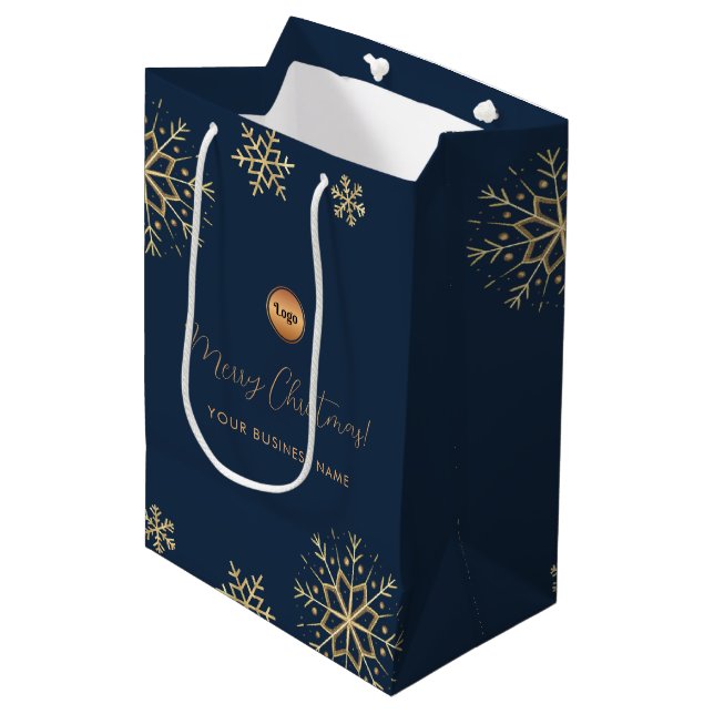 Sac Cadeau Moyen Blue Gold Snowflake Custom Company Logo Noël (Devant Angle)