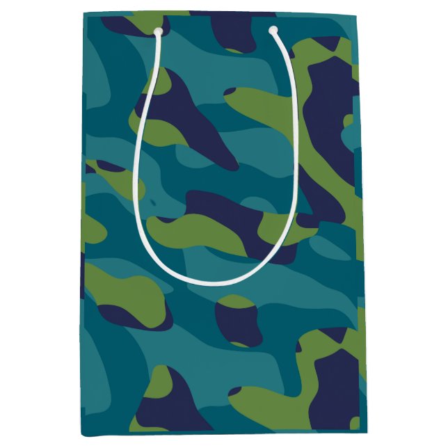 Sac Cadeau Moyen Blue Green and Teal Camo Abstract (Devant)
