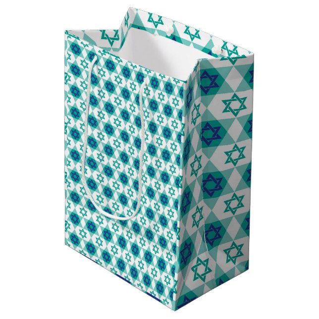 Sac Cadeau Moyen Blue Green Star de David Motif (Devant Angle)