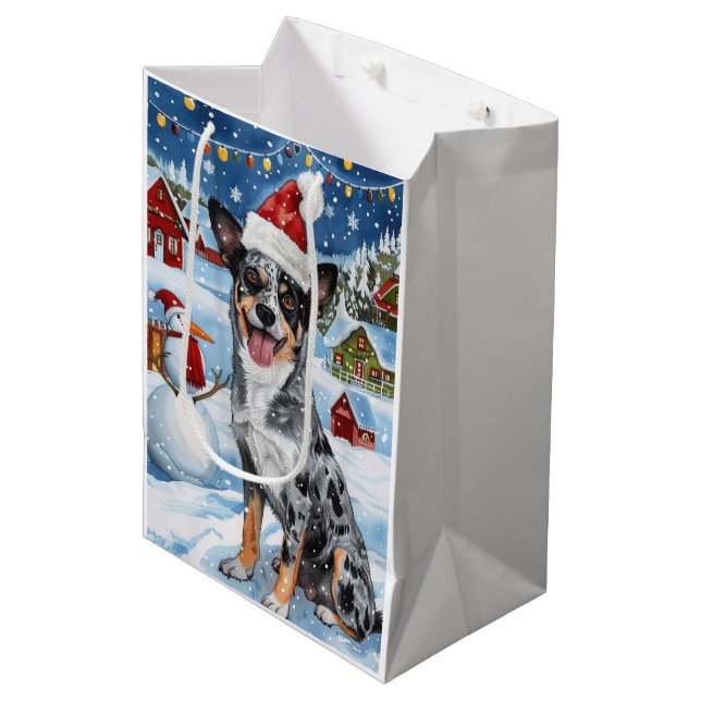 Sac Cadeau Moyen Blue Heeler Chien Winter Wonderland Noël Joie (Devant Angle)