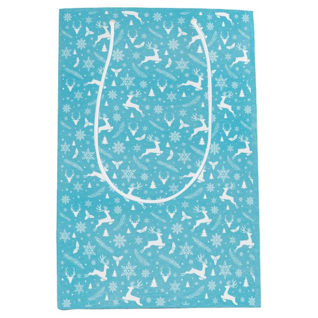 Sac Cadeau Moyen Blue Reindeer Motif Joyeux Noël Snowflakes (Devant)