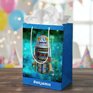 Sac Cadeau Moyen Blue sci fi retro toy robot galaxie nom personnali