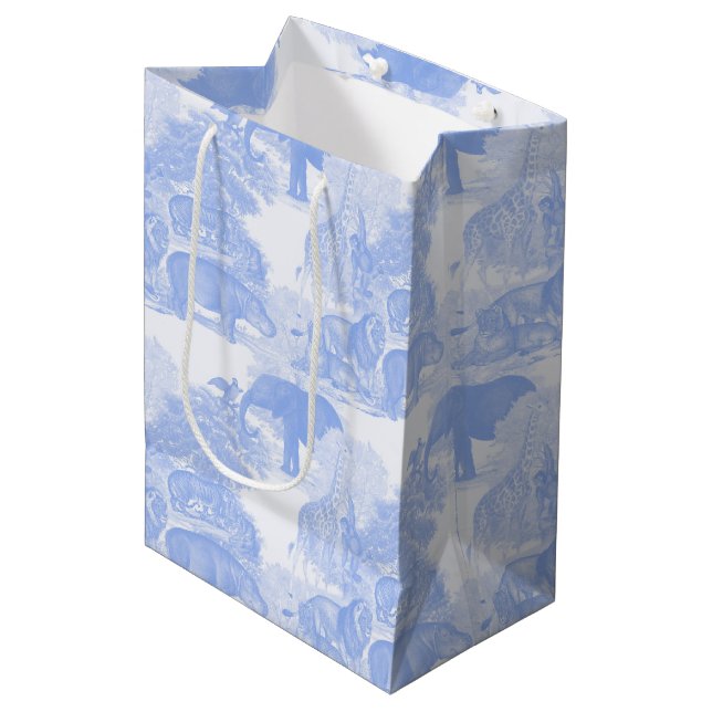 Sac Cadeau Moyen Blue Toile Jungle Animaux Safari Chinoiserie (Devant Angle)