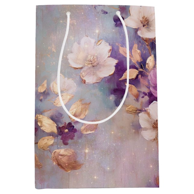 Sac Cadeau Moyen Blue White Gold Purple Floral Birthday (Devant)