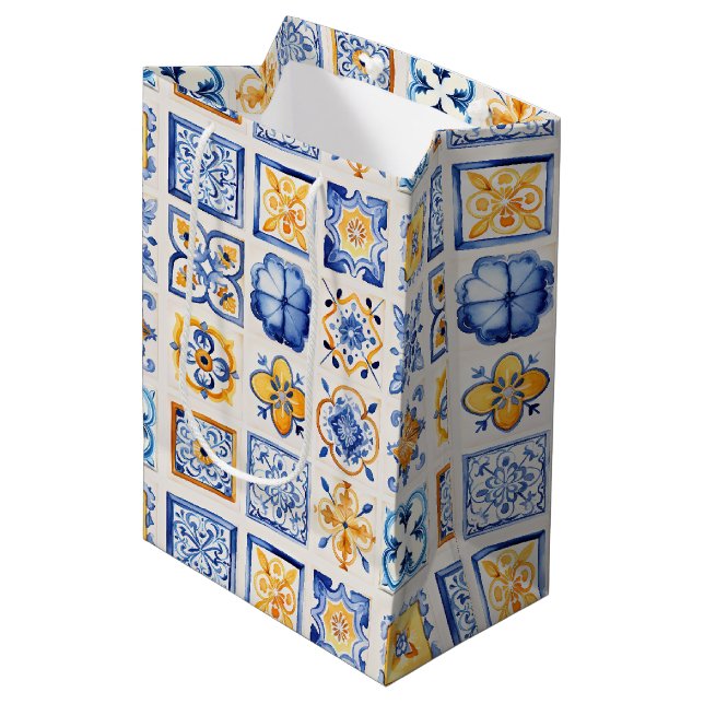 Sac Cadeau Moyen Blue White Yellow Tiles Pattern Wine, Small, (Devant Angle)