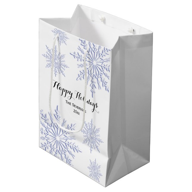 Sac Cadeau Moyen Blue Winter Snowflakes Joyeuses vacances (Devant Angle)