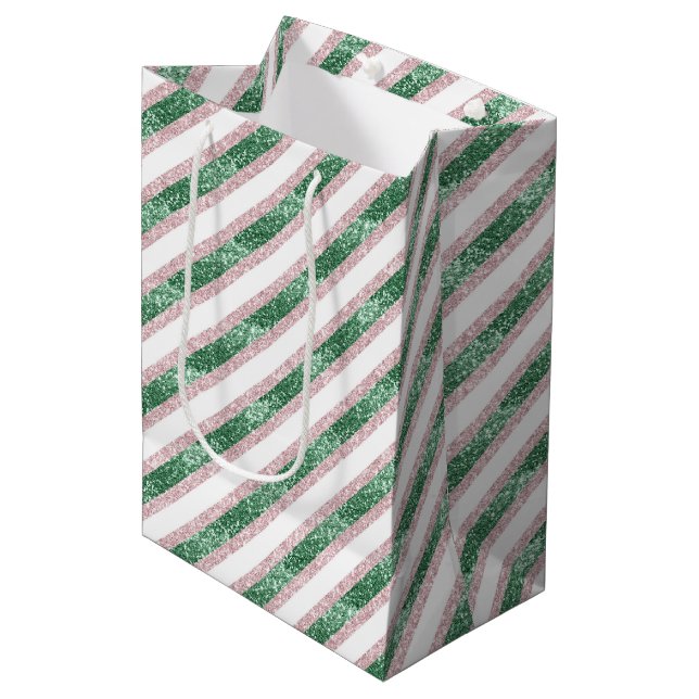 Sac Cadeau Moyen Blush Pink Green Glitzy Stripes Christmas (Devant Angle)