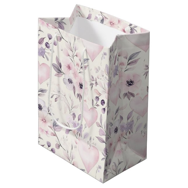Sac Cadeau Moyen Blush Pink Hearts Purple Flowers Birthday (Devant Angle)