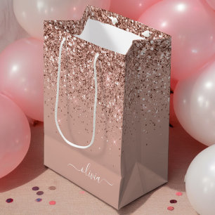 Sac Cadeau Moyen Blush Rose Gold Pailleté Monogramme Féminin Script