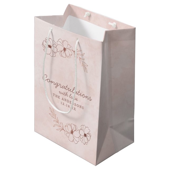Sac Cadeau Moyen Blush Rose & Rose Gold Félicitations Mariage (Devant Angle)