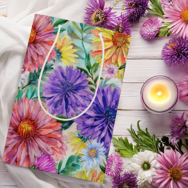 Sac Cadeau Moyen Boho Aster Fleurs Florales (Boho Aster Flowers Floral Gift Bag -- Bridal Shower, Birthdays, Weddings, Baby Showers and More)