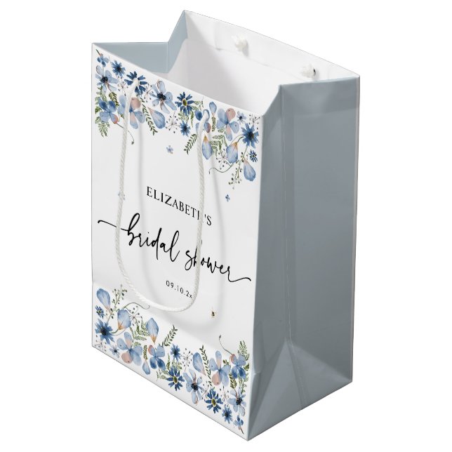 Sac Cadeau Moyen Boho Blue Florals Fête des mariées Medium Cadeau (Devant Angle)