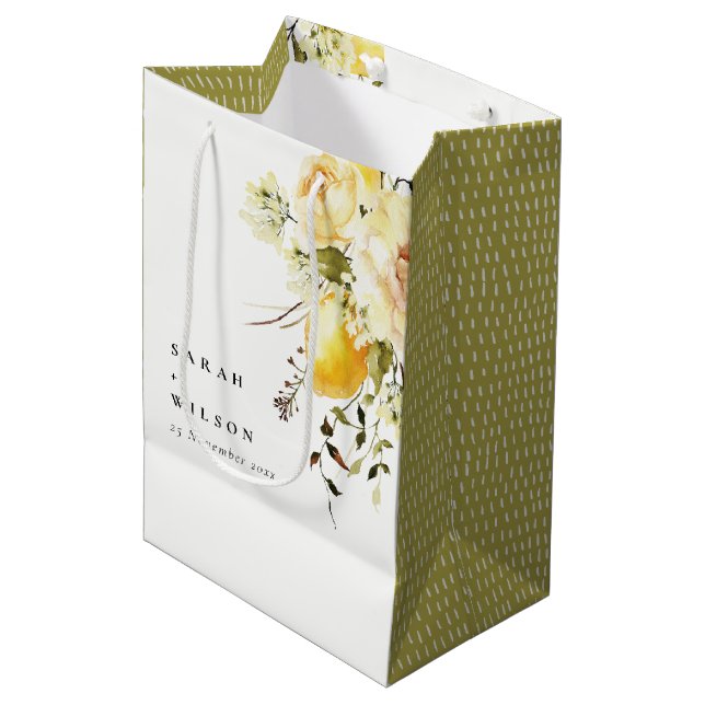 Sac Cadeau Moyen Boho Lemon Aquarelle jaune Mariage floral (Devant Angle)