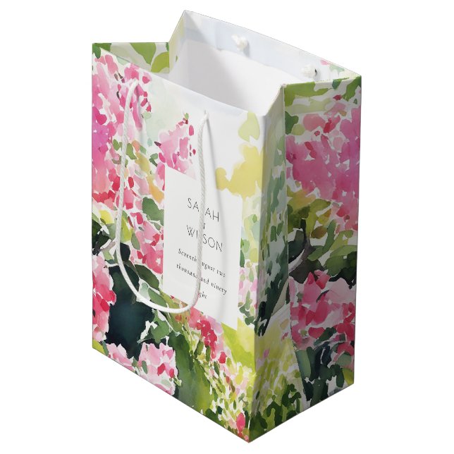Sac Cadeau Moyen Boho Pink Green Bougainvillea Mariage (Devant Angle)