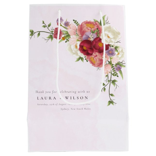 Sac Cadeau Moyen Boho Rouge rose blanc Rose Fleurs Mariage Moyen (Dos)