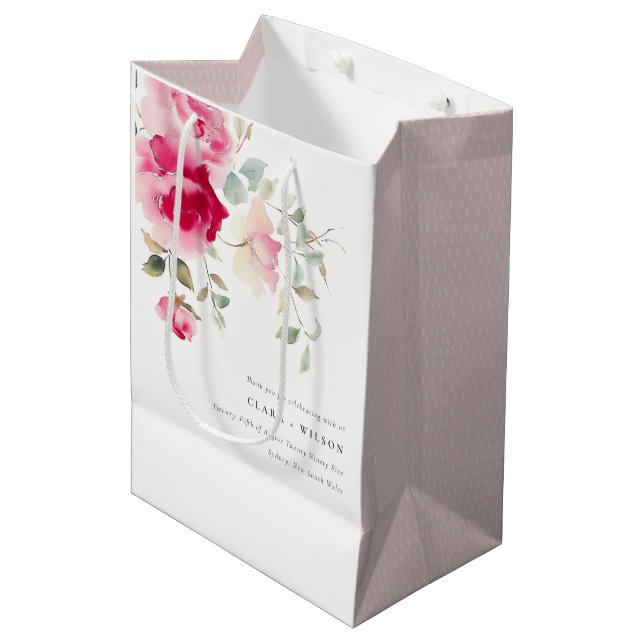 Sac Cadeau Moyen Boho Rouge Rose Fleurs Mariage d'aquarelle (Devant Angle)