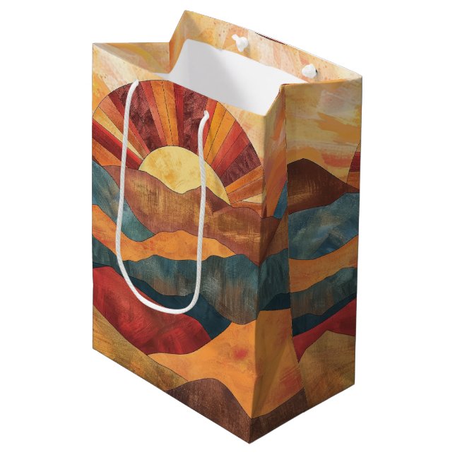 Sac Cadeau Moyen Boho Sunset Over Mountains - Paysage Rétro (Devant Angle)