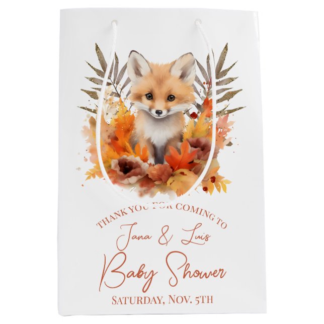 Sac Cadeau Moyen Bois Fox verdure Aquarelle Baby shower feuille (Devant)