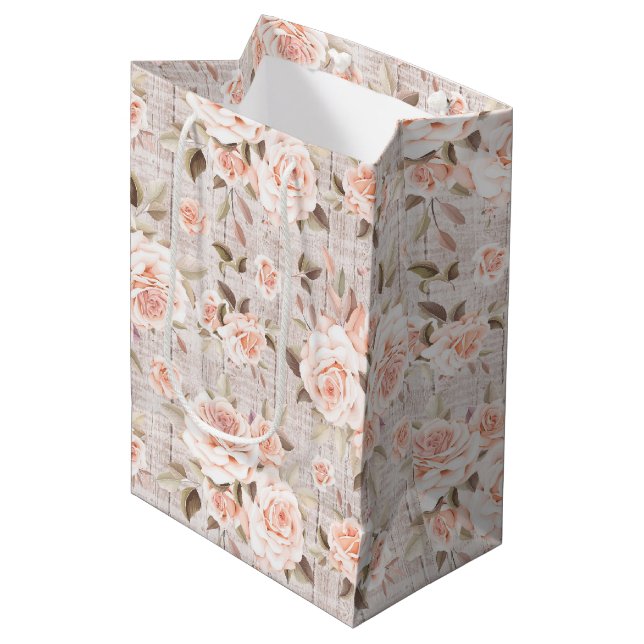 Sac Cadeau Moyen Bois rustique & Shabby Chic Rose Floral Anniversai (Devant Angle)