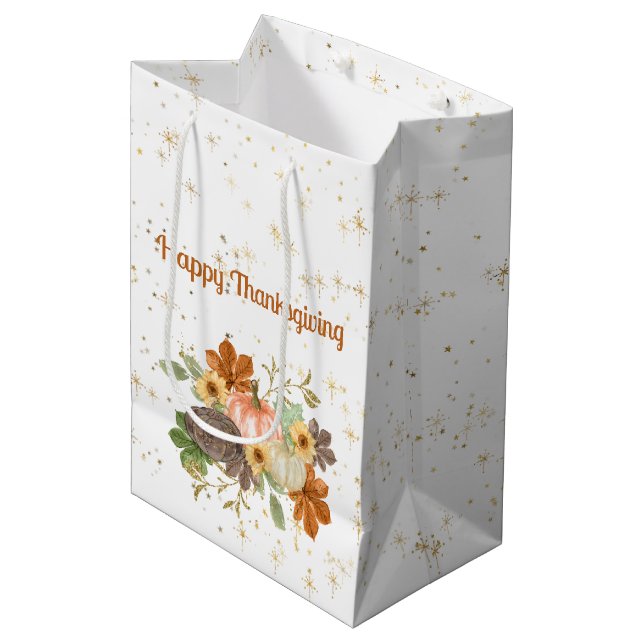 Sac Cadeau Moyen Bon thanksgiving Automne Citrouilles et fleurs (Devant Angle)
