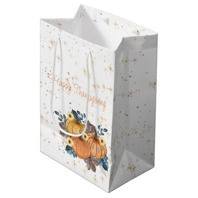 Sac Cadeau Moyen Bon thanksgiving Automne Citrouilles et fleurs (Devant Angle)