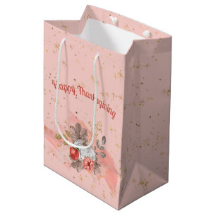 Sac Cadeau Moyen Bon thanksgiving Citrouilles et fleurs roses