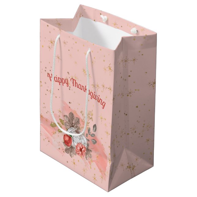Sac Cadeau Moyen Bon thanksgiving Citrouilles et fleurs roses (Devant Angle)