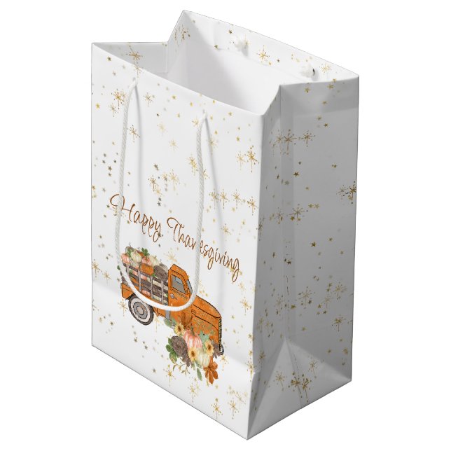 Sac Cadeau Moyen Bon thanksgiving Orange Truck avec Citrouilles (Devant Angle)