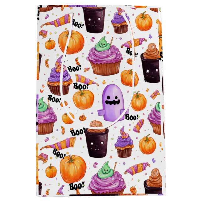 Sac Cadeau Moyen Bonbons d'Halloween, friandises et jack-o-lanterns (Devant)