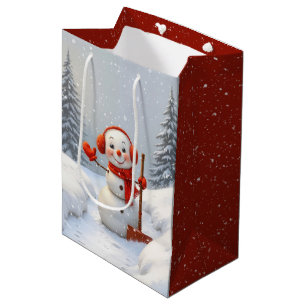 Sac Cadeau Moyen Bonhomme de neige de Noël avec des pelles rouges