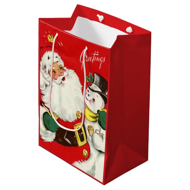 Sac Cadeau Moyen bonhomme de neige rétro de Noël Père Noël (Devant Angle)