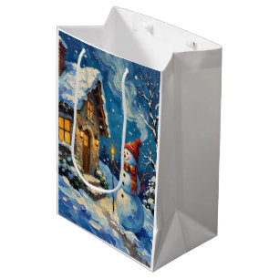 Sac Cadeau Moyen Bonhomme de neige vintage près d'un cottage de Noë