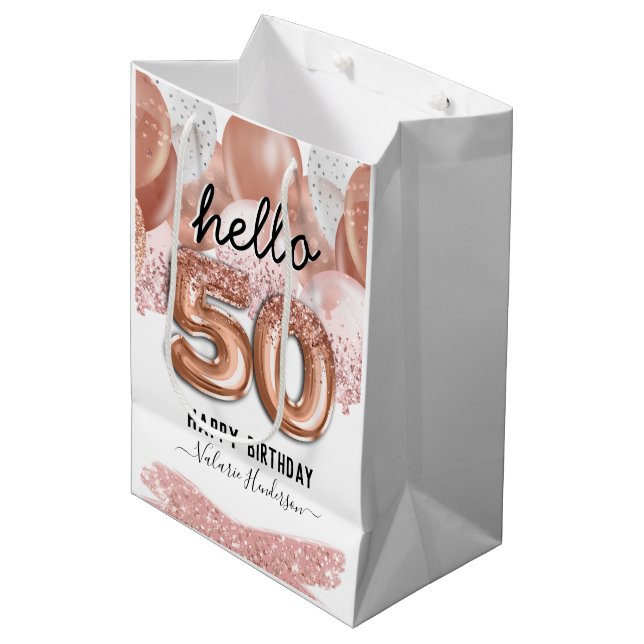 Sac Cadeau Moyen Bonjour 50 Parties scintillant roses Ballons d'ann (Devant Angle)