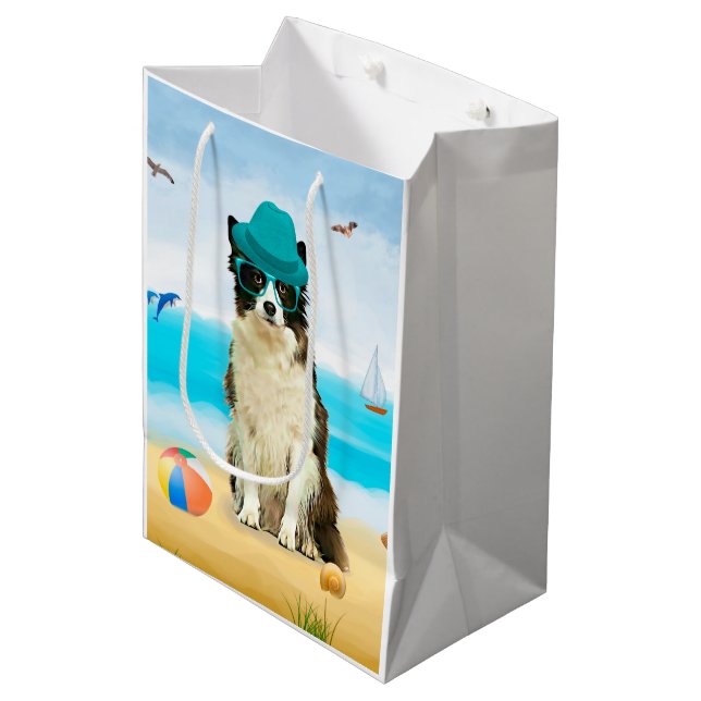 Sac Cadeau Moyen Bordure Collie Dog sur la plage (Devant Angle)